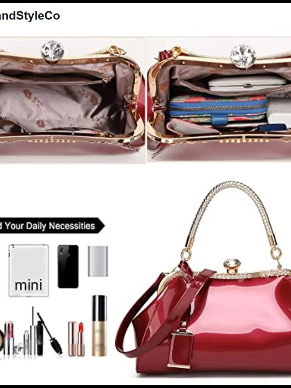 Patent Leather Top Handle Satchel Bag with Crystal Buckle Evening Tote Shoulder